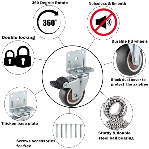 Gcfoir GF3684-4 1.5 Inches Side Mount Caster Wheels Set Of 4 L-Shaped Rubber Small Locking Swivel Caster Heavy-Duty Double Plate Castor thumb #1