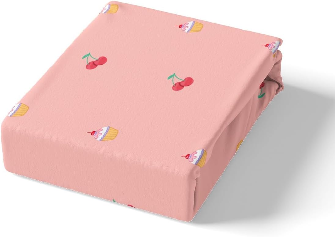 Bowknot Girlish Fitted Sheet Queen Size,Cherry Tropical Fruit Cake Dessert Cartoon Bedding Set,Girls Women Room Decor,Dots Love Heart Bow-tie Bed Cover,Pink Kawaii Bed Sheet,2 Pillowcases