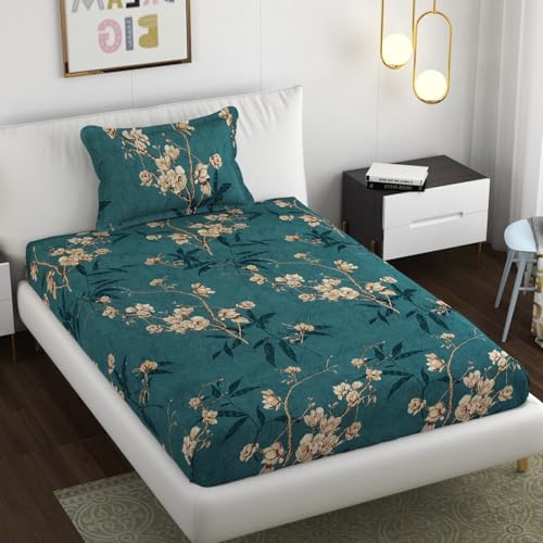 Image of Premium Heavy Cotton Flat Bedsheets with 1 King Size Pillow Covers | Single Bed 350 TC | 60 x 90 Inch Single Size Flat | :- Green Flower