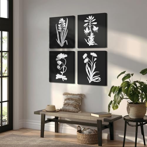 crmotu Black and White Wall Art Set of 4, Minimalist Botanical Prints Rustic Home Decor, Neutral Floral Vintage Canvas Painting, Nature Pictures Wall Decor Living Room Bathroom Kitchen, 12x16inch