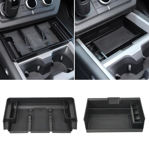YEVEDUO Center Console Organizer Accessories for 2025–2026 Land Rover Defender 90 110 130, 2-Piece Custom Fit 2-Layer Armrest Storage Box Tray with Anti-Slip Mat & Phone Holder