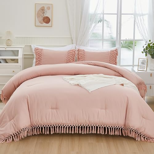 Image of Andency Pink Comforter Set Queen, 3 Pieces Boho Tassel Lightweight Soft Bedding Comforter Sets, All Season Fluffy Fringe Bed Set (90x90In Comforter & 2 Pillowcases)