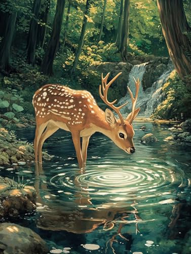 数字油絵 森 ペイントバイナンバー 鹿 ナンバーペイント, DIY 絵 デジタル油絵 キット 初心者向け 簡単 Paint by Numbers ブラシとアクリル絵の具が入 手塗り DIY絵 オフィス インテリア リビング装飾, 女性へのギフト 100x1