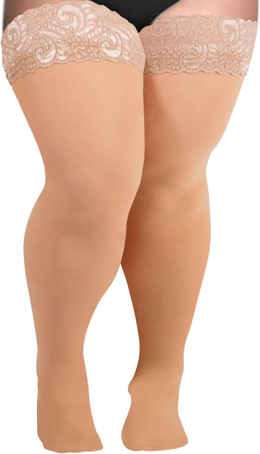 Plus Size Thigh High Stockings for Curvy Women Lace Top Silicone Stay-Up Anti-Slip Sexy Semi Sheer Hosiery