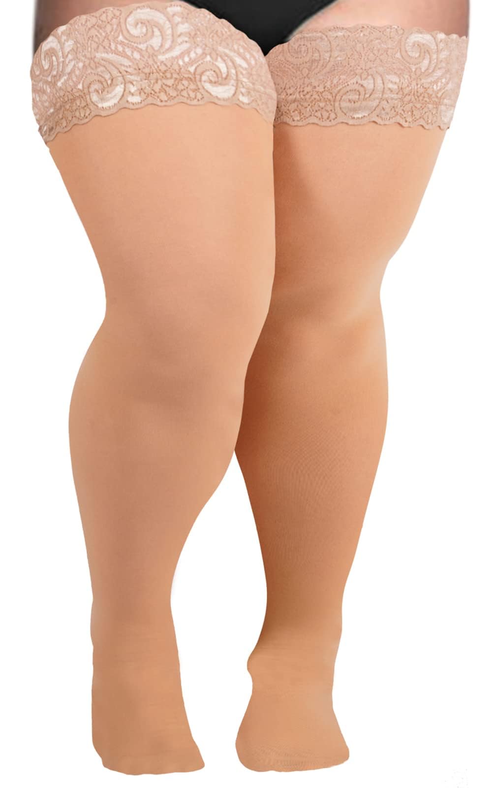 Moon Wood Plus Size Thigh High Stockings Women Sexy Lace Semi Sheer Stay Up Lingerie Thigh Highs Stockings