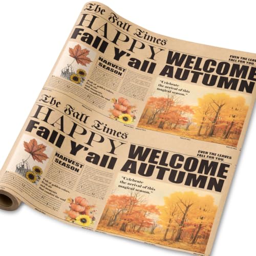 RUSPEPA Kraft Fall Wrapping Paper Roll Mini Roll Vintage Newspaper Welcome Autumn Design with Leaves Pumpkins & Harvest Theme Kraft Gift Wrap for Thanksgiving Autumn Party 17 Inches x 16.4 Feet