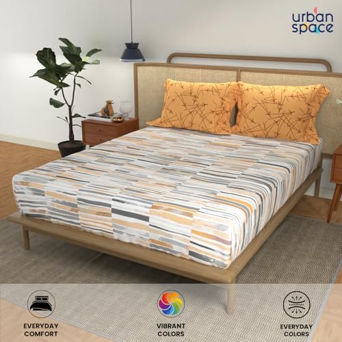Image of Urban Space Divine 144 TC 100% Cotton Printed Fitted Bedsheet King Size with 2 Pillow Covers, Size 78 inch x 72 inch, Stripes Mustard