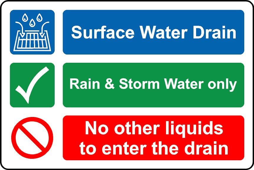 Surface water drain rain and storm water only Safety sign - 3mm Aluminium sign (600mm x 400mm)
