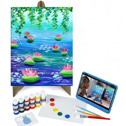 Painting to Gogh - Lovely Lilies Junior Artist Painting Kit Ages 7+ 11x14 Canvas 3 Paint Brushes Acrylic Paint Cardboard Easel Palette Apron & Step-by-Step Tutorial for Kids
