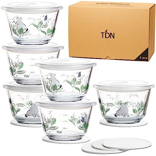 TDN Boîte en Verre avec Couvercle-18 pièces (6 contenants 480ml+6 couvercles+6 sous-verres), Réutilisables, sans BPA, compatibles micro-ondes, congélateur et lave-vaisselle (Chat+Orchidée
