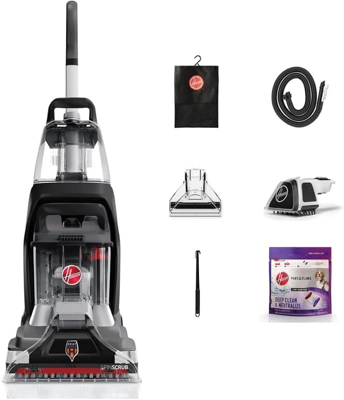 Máquina limpiadora de alfombras para mascotas PowerScrub XL para alfombras y tapizados | Máquina limpiadora de alfombras de limpieza profunda con herramientas multiusos, potente succión, par con solución limpiadora Hoover