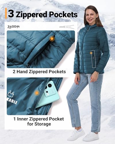 33,000ft Women's Lightweight Puffer Jacket Water Repellent Warm Packable Quilted Coat with Hood Ladies Transitional Padded Lined Jacket for Hiking Climbing Acid Blue S - Image 4