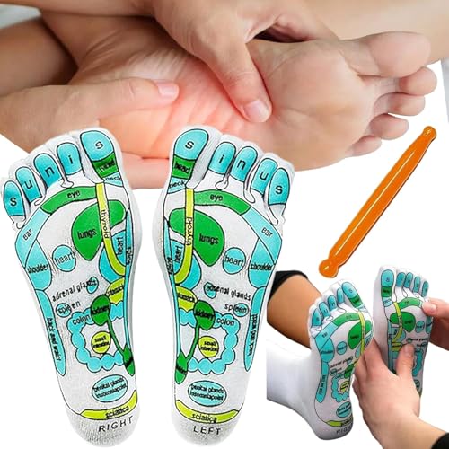 Image of UCRAVO Reflexology Socks with Foot Massage Stick Acupressure Foot Chart Therapy Socks for Relief, Support, Heel Pain Treatment, Arch Support,Circulation Boost,Stress Relief,Home Spa Foot Massager Kit