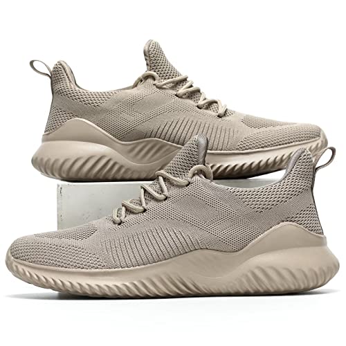 Mens Running Shoes Slip On Walking Tennis Sneakers Lightweight Breathable Mesh Workout Casual Sports Shoes Soft Sole Khaki #TOP4