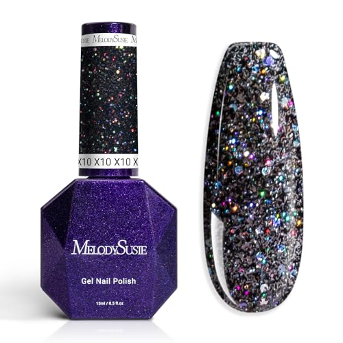 MelodySusie Galaliver Black Glitter Gel Nail Polish, 15ML Sparkly...