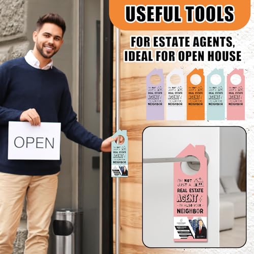 Fullhawl 100 Pcs Real Estate Door Hanger with Business Card Design 3.15 x 9.25 Inch I\'m Not Just a Real Estate Agent Colorful Marketing Business Card Signs for Agent Supplies(Morandi)