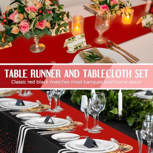 Image of Breling 8 Pack Black and Red Disposable Plastic Tablecloths and Satin Table Runner Set, 54 x 108 Inch Tablecloth, 12 x 108 Inch Table Runners for Wedding Graduation Birthday Baby Shower