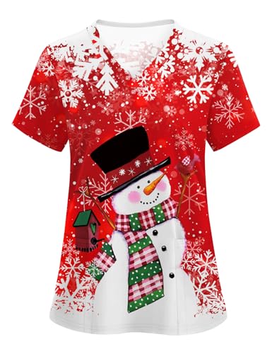 LOMON Women's Scrub Tops Print V Neck Scrub Shirts Soft Knit Chrismas Nurse Uniform with 2 Pockets