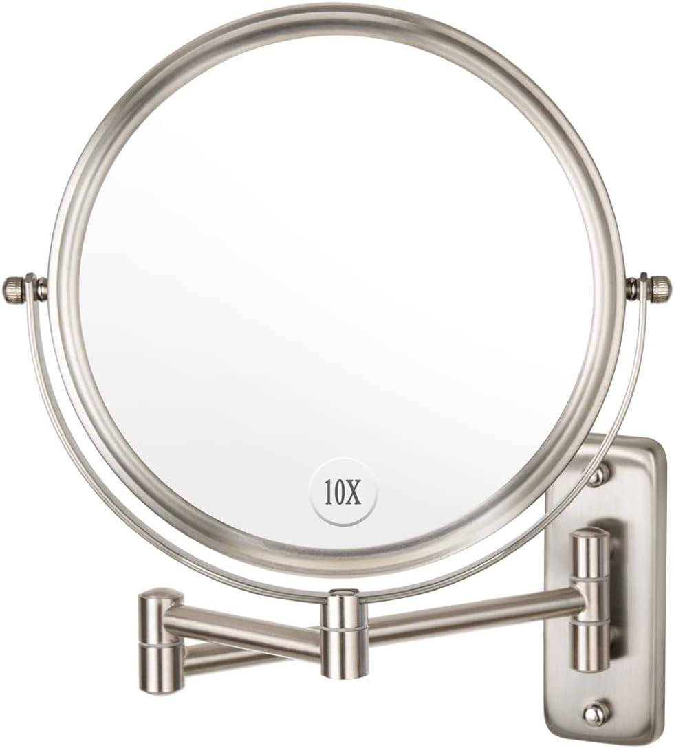 Wall Mounted Makeup Mirror - 10x Magnification 8' Two-Sided Swivel Extendable Bathroom Mirror Nickel Finish