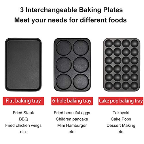 Health and Home Multifunction Nonstick Baking Maker with 3 Interchangeable Baking Plates for Fried Eggs, Fried Steak, Takoyaki, Cake Pops, Grill Maker