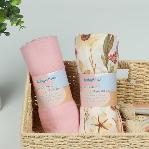 Image of Muslin Swaddle Blankets for Baby Girl, 2-Pack 70% Viscose from Bamboo and 30% Cotton Large Swaddle Blankets (47 inch x 47 inch), Solid Pink Color /Flower Print