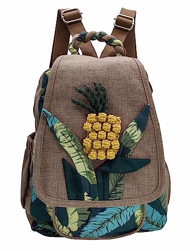 Image of Womens Cotton Hemp Cloth Backpack Boho Vintage Embroidered Casual Purse Handbags Messenger Bag Pineapple