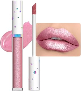 evpct 1Pcs Pink Metallic Glitter Lipstick Lip Gloss Stain for Women Long Lasting Waterproof 24, Hot Light Nude Pink Frosted Metallic Shimmer Glossy Chrome iridescent Liquid Lipstick Lip Gloss Makeup
