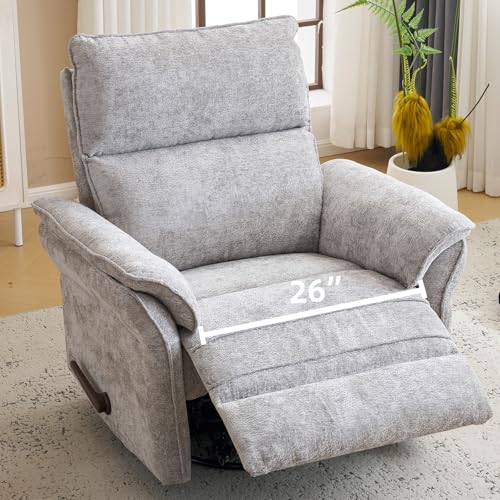 Image of Rhevoy Oversized Glider Rocker Recliner, 26" Extra Wide 360° Swivel Nursery Recliner with Adjustable Headrest, Chenille Rocking Nursery Chair with Overstuffed Armrest, Lumbar Support, Light Grey