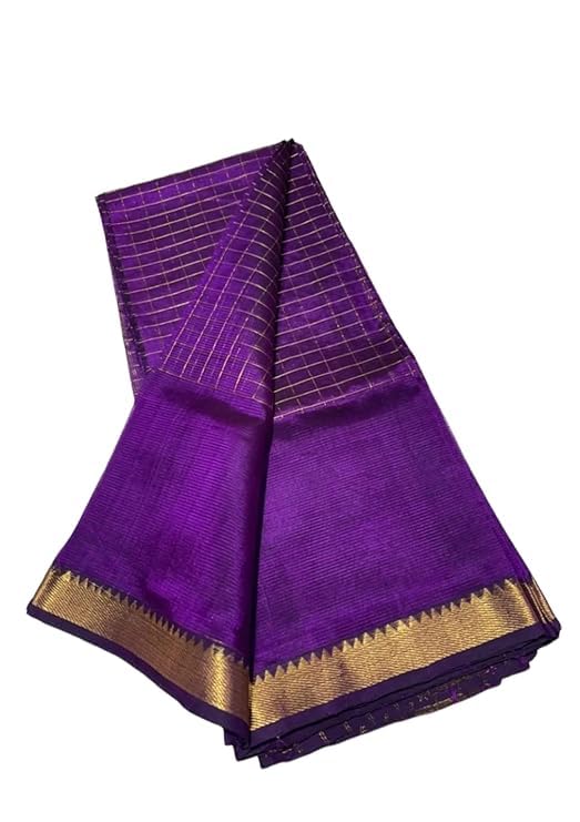Heyam Handloom Silk Cotton Saree with Gold Border, Zari Half Check Pattern with Blouse Piece