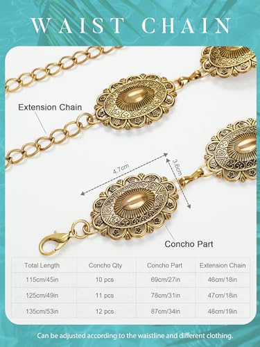 Image of FIORETTO Western Waist Chain Belt Metal Concho Belt for Women Cowgirl Cowboy Boho Country Belt for Dress Jean