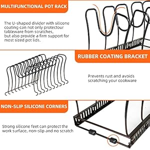 ROOHUA Pot Rack -Expandable Pan Organizer for Cabinet,Pot Lid Holder with 10 Adjustable Compartment for Kitchen Cabinet Cookware Baking Frying Rack,Bronze ROOHUA Pot Rack Expandable Pan Organizer for CabinetPot Lid Holder with 10 Adjustable Compartment for Kitchen Cabinet Cookware Baking Frying RackBronze