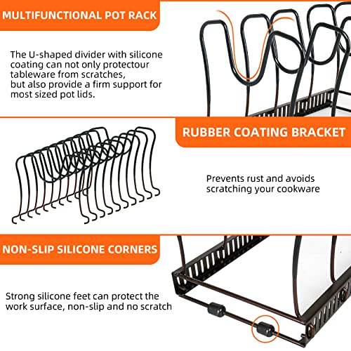 Pot Rack Organizer -Expandable Pot and Pan Organizer for Cabinet,Pot Lid Organizer Holder with 10 Adjustable Compartment for Kitchen Cabinet Cookware Baking Frying Rack,Bronze - Image 5