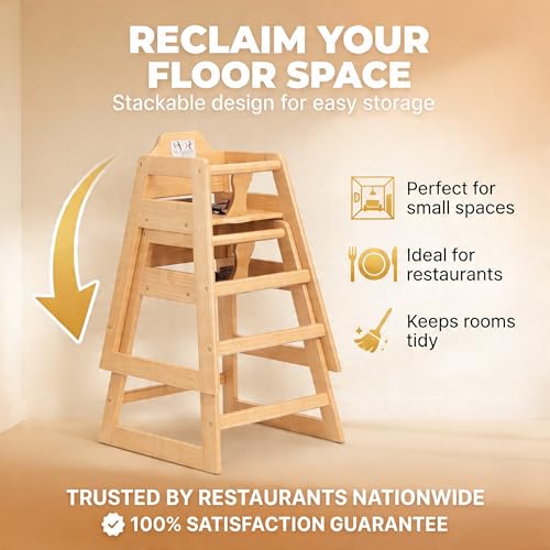 Image of Natural Wooden Restaurant High Chair - Stackable Rubberwood Dining Chair with Safety Bar, Easy-Clean Finish, Commercial Restaurant Seating