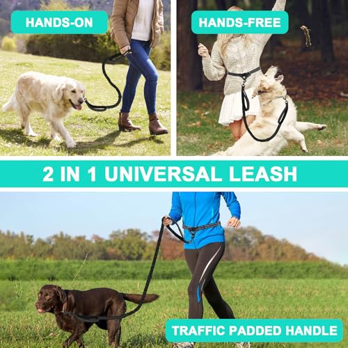 Philorn Joggingleine für Hunde, Freihändig Laufleine für Große/Mittelgroße Hunde zum Joggen Laufen Wandern, Bauchgurt Hundeleine mit Dual Griffe, Reflektierende Nähte, Bauchgurt Schwarz