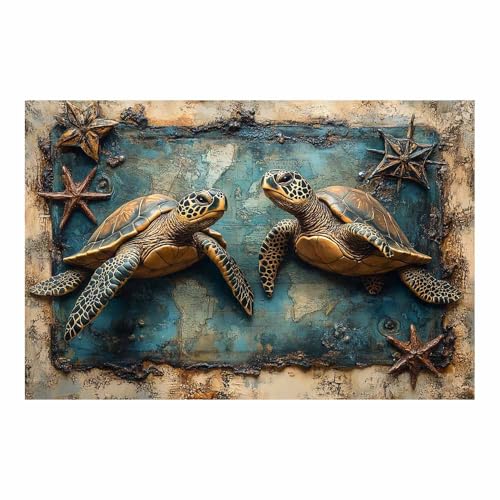 Poster tortue marine et étoile de mer art mural bleu blanc moderne 70x100 cm sans cadre