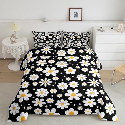 Image of Daisy Flower Bedding Set for Kids Boys Girls Groovy Floral Comforter Set Twin Size Retro Floral Boho Duvet Quilt Bedroom Decor Breathable Soft Lightweight Microfiber Black White 2Pcs