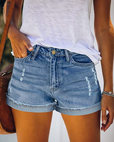 Image of onlypuff Women Denim Shorts Ripped Mid Waisted Jean Shorts with Pockets