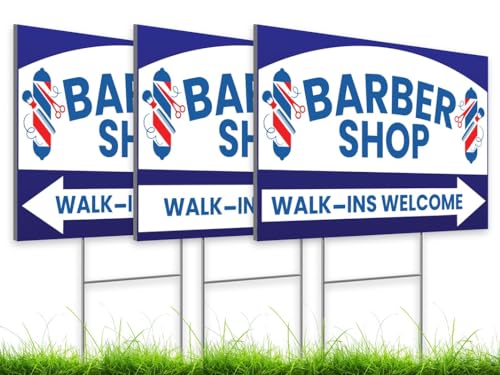 12x16 inch pack of 3 Barber Shop (Arrow) Yard Sign - Double-Sided Print with Metal Stakes - Barber Shop Grand Opening Plastic Sign - Spa Barber Shop Open Advertising Printing Lawn Garden