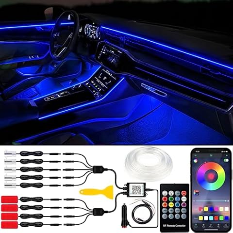 Jushope Car LED Interior Strip Lights, RGB 16 Million Colors 9 in 1 Car Ambient Lighting Kit with 236" Fiber Optic, Under Dash Lights Music Sync Color Change Wireless APP and RF Remote Control Cover