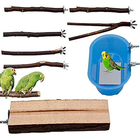 PURPLE STAR 1N 8Pcs Bird Bath for Cage with Mirror and Play Stand,Small Medium Bird Baths Bowl with Fixable Parakeet Parrot Natural Wood Stand Cage Accessories for Outdoor Indoor Cover