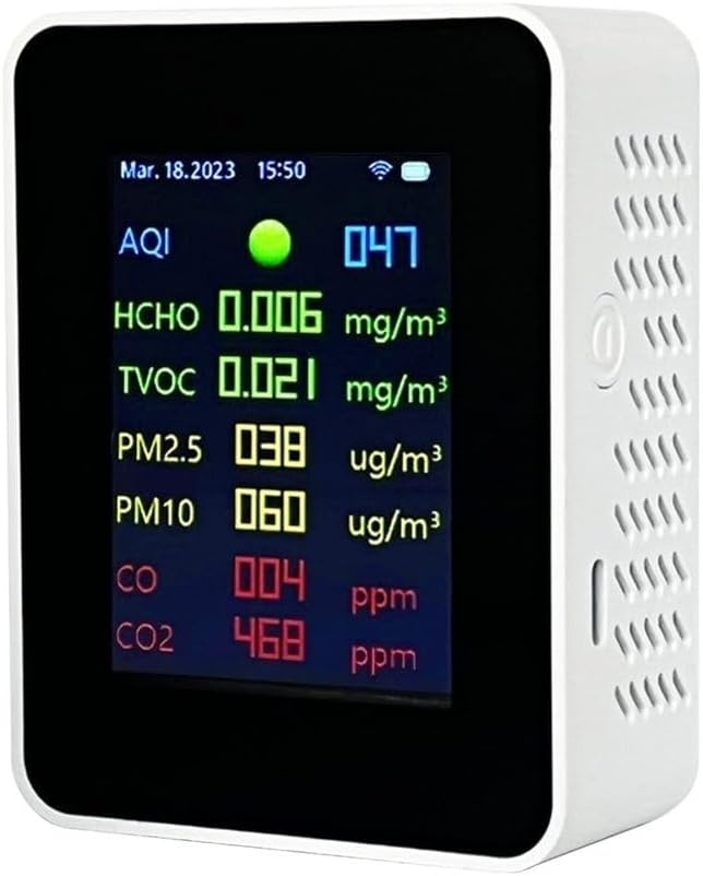 Side view of the DAZZLEEX Tuya Air Quality Monitor, showing the power button and ventilation grilles.