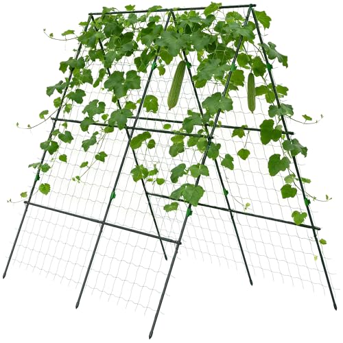 Outsunny Treillis de Jardin Support pour Plantes Grimpantes Forme A en Acier, 3 Niveaux avec hauteu réglable, Tuteur de Concombre, tomates, Vert