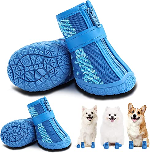 Image of KUTKUT Small Dog Anti-Slip Boots With Reflective Straps - Soft Mesh Breathable Adjustable Puppy Shoes - Paw Protective Booties With Zipper for Small & Medium Dogs - 4PCS Blue