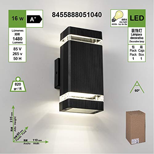 APPLIQUE DA PARETE IMPERMEABILE LED RETTANGOLARE NERO STILE MODERNO DA 16W POSSIBILITA' DI INSTALLARE PER INTERNI ED ESTERNI LUCE CALDA (4000K) [Classe di risparmio energetico A+]