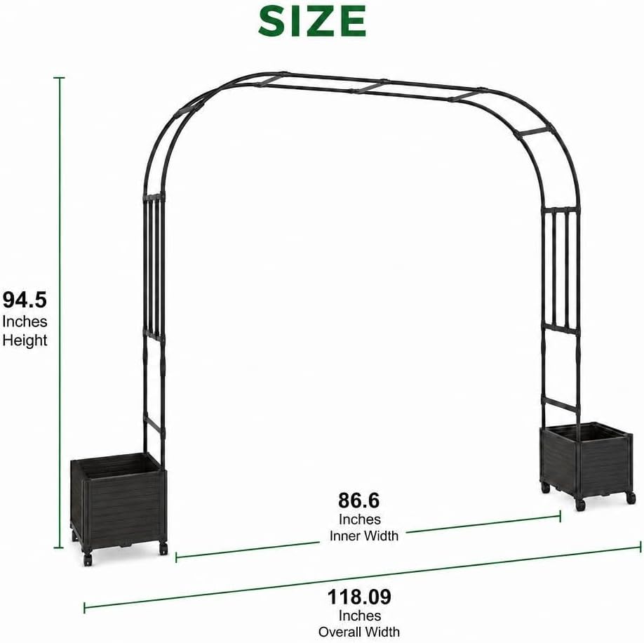 Garden Arch Trellis with Planter Boxes, 3.9 x 7.9 ft Heavy Duty Metal Garden Arbor, Outdoor Arch Trellis for Climbing Plants, Wedding Archway with Wheels for Backyard, Pathway, Lawn, Yard Decor