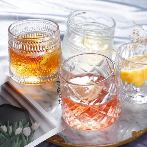 Image of PrimeWorld Embossed Dancing Whiskey Glass Set of 6 Pcs with Rotable Bottom- Spining Glasses-170 ml Bar Glass for Drinking Bourbon, Whisky, Scotch, Cocktails, Cognac- Old Fashioned Tumblers