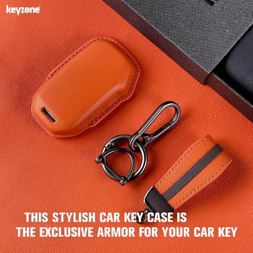 Image of Keyzone Royal Leather Key Cover for Kia Carens Clavis, Seltos, Sonet, Carens 2023 Onwards 4 Button Smart Key(Compare Key Shape and Buttons Before Placing Order) (Sunburst Orange)