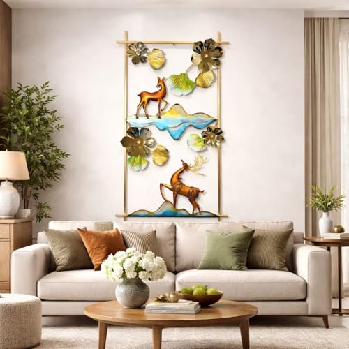 Image of SHREE 'O' GREEN TECH - Iron Large Handcrafted Metal Golden Deer Wall Art Leaf Frame Showpiece Multicolor Decor for Home, Living Room, Drawing Room & Bedroom Decor (Size 48x26 Inch)