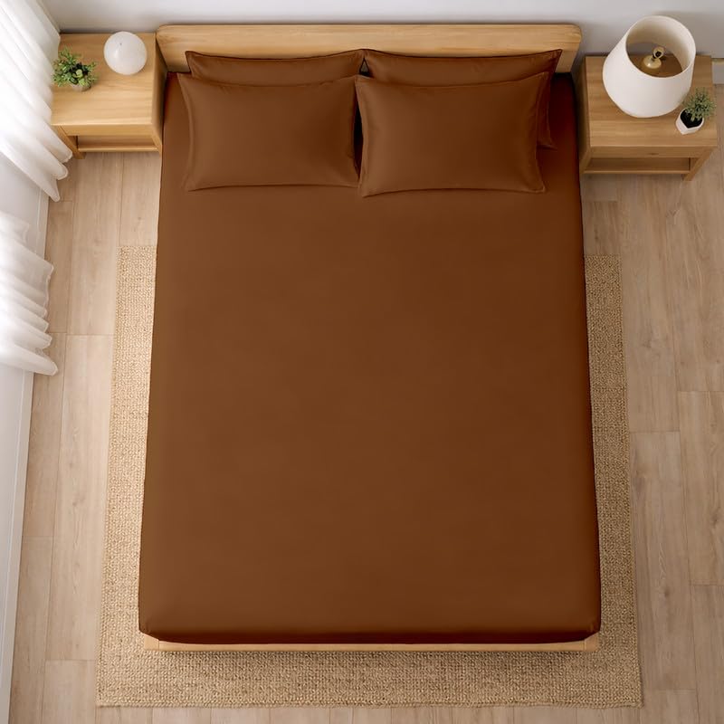 Image of Filbert - Premium Satin Fitted Bedsheet Single Bed (36x75 Inch) with 1 Pillow Cover | Hypoallergenic Breathable | Hair and Skin Friendly, Women Gift Choice|Chocolate