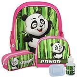 Kit Mochila Escolar Infantil Panda Rosa Tamanho Grande com Lancheira, Estojo e Squeeze, 5 Peças